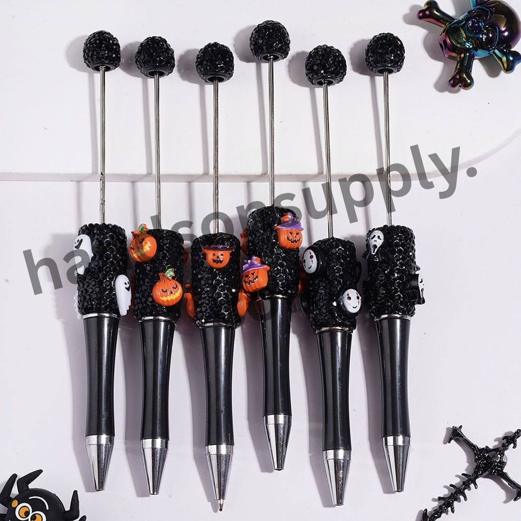 Black Rhinestones, Halloween Theme Beadable Clay Pens with Pumpkin & Ghost
