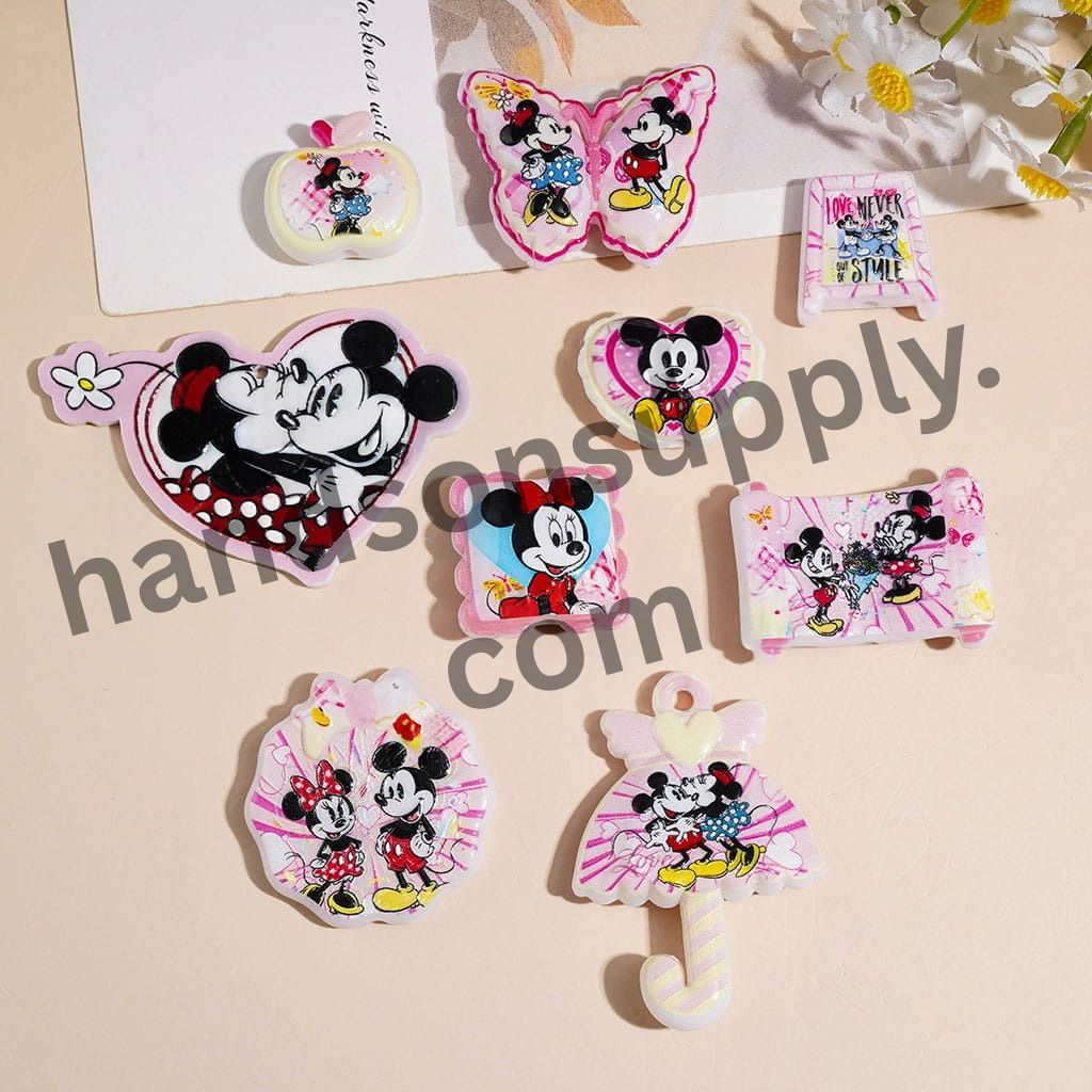 Cute Cartoon Classic Animation Mouse Couple Character Acrylic Beads for Pendants, Various Shape & Designs, Multi-Color Random Mix