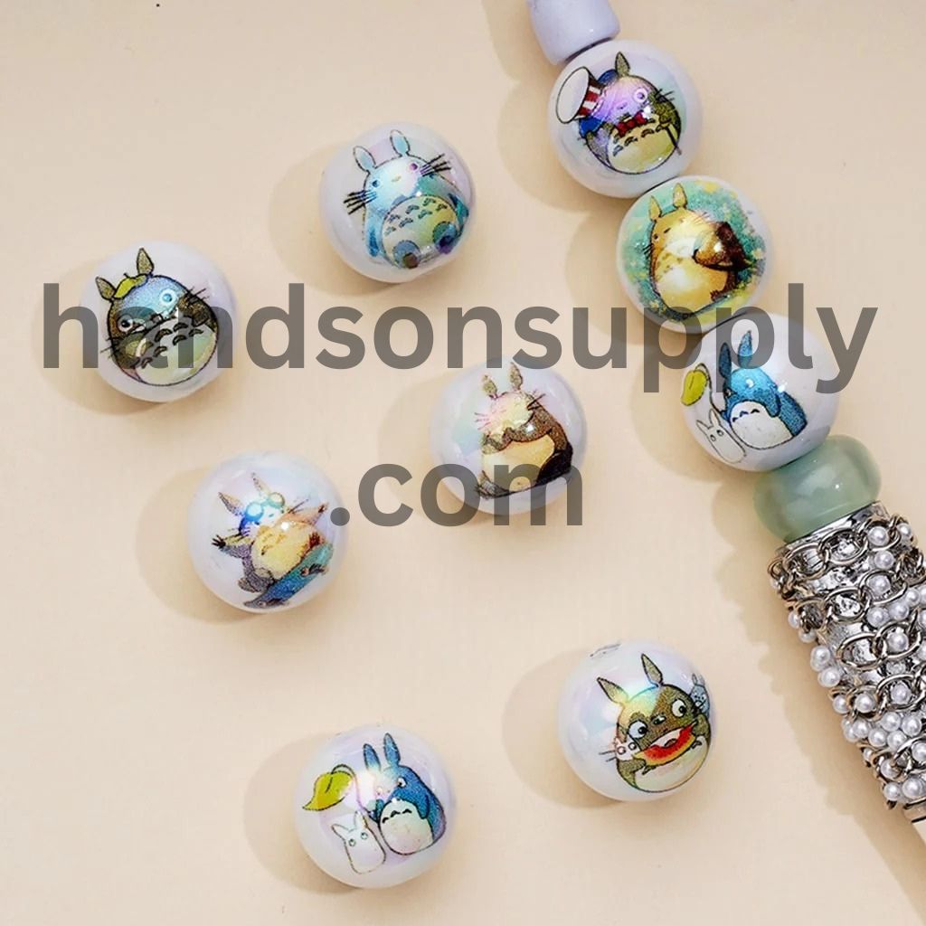 Cute Totor Japanese Anime White Round UV Coating Acrylic Beads, Random Mix, 16MM