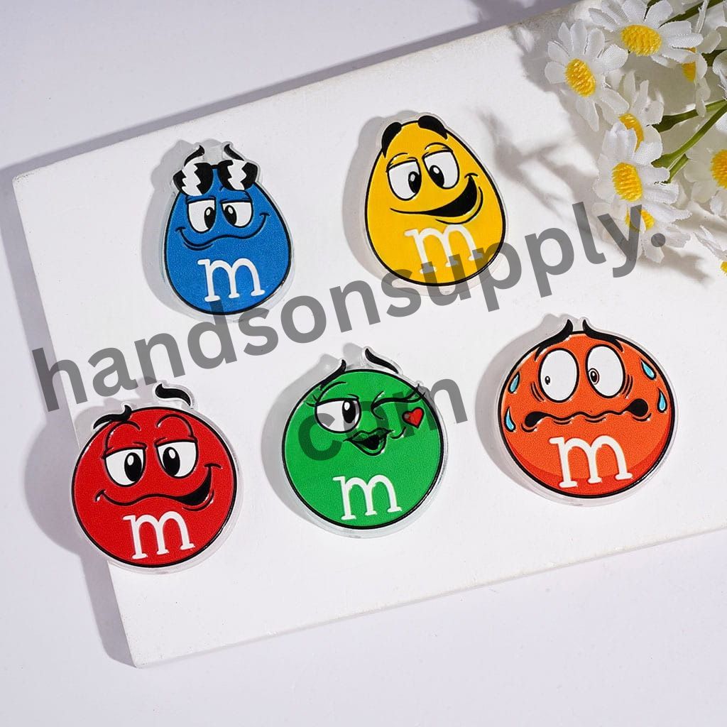 Cute Candy Character in Various Face Style Expressions Designs Round Acrylic Beads, Multi-Color Random Mix