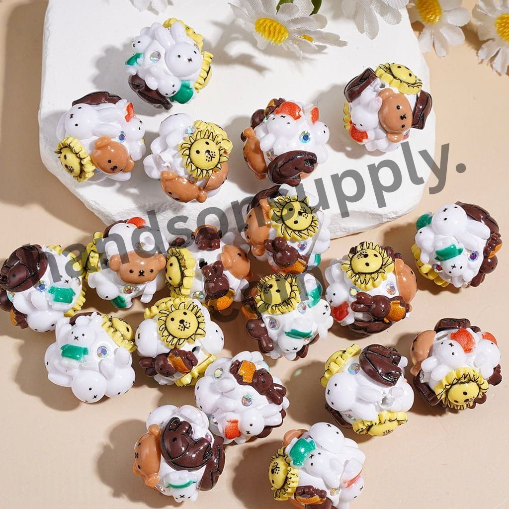 Cute Farm Animal Dutch Rabbit, Lion, Bear & Elephant Friends Series Clay Beads with AB Rhinestones, 19MM, Assorted Designs, Random Mix
