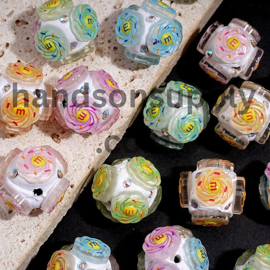 Swirl Candy Pattern Disc Design, AB Rhinestone, Round Handmade Clay Beads 18MM, Random Mix