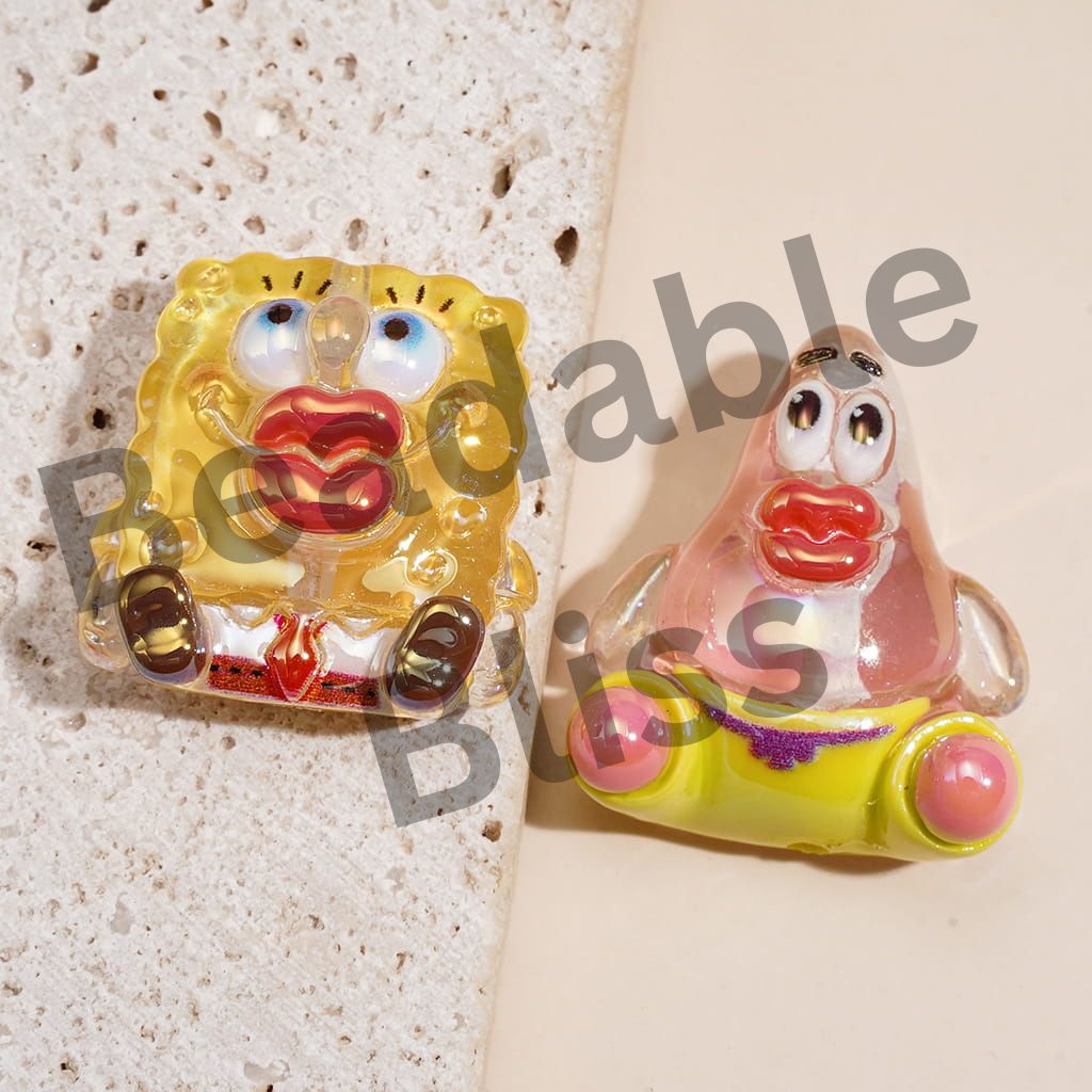 UV Coating Acrylic Beads w Yellow Sponge Cartoon Character Design, Glossy Clear Finish