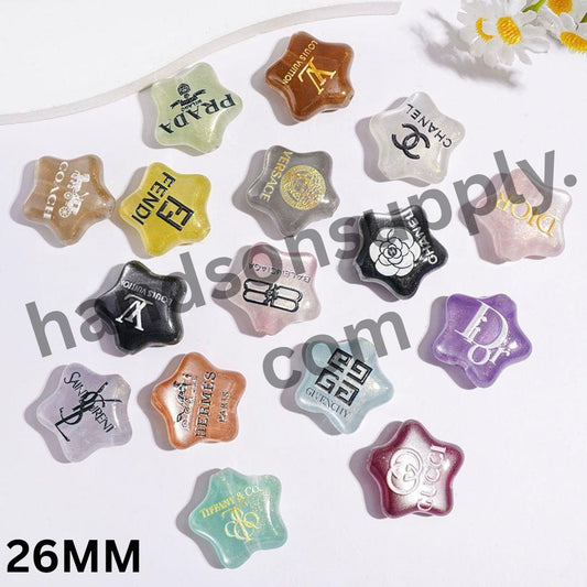 Various Luxury Fashion Brand Print Glittery Five-Pointed Star Shape Acrylic Beads, 26MM, Multi-Color Random Mix