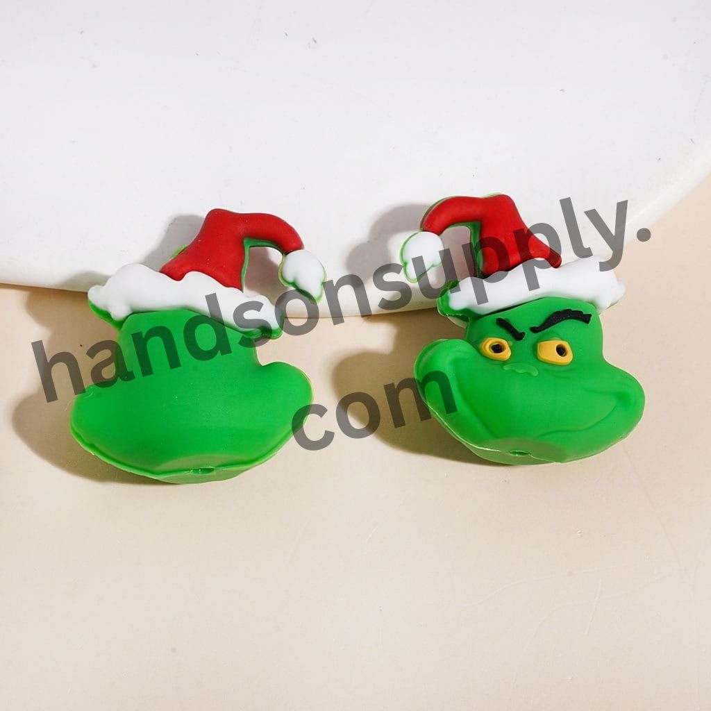 3D Cute Green Grinch Christmas Character with Santa Hat, Silicone Focal Beads Multi-Color Random Mix