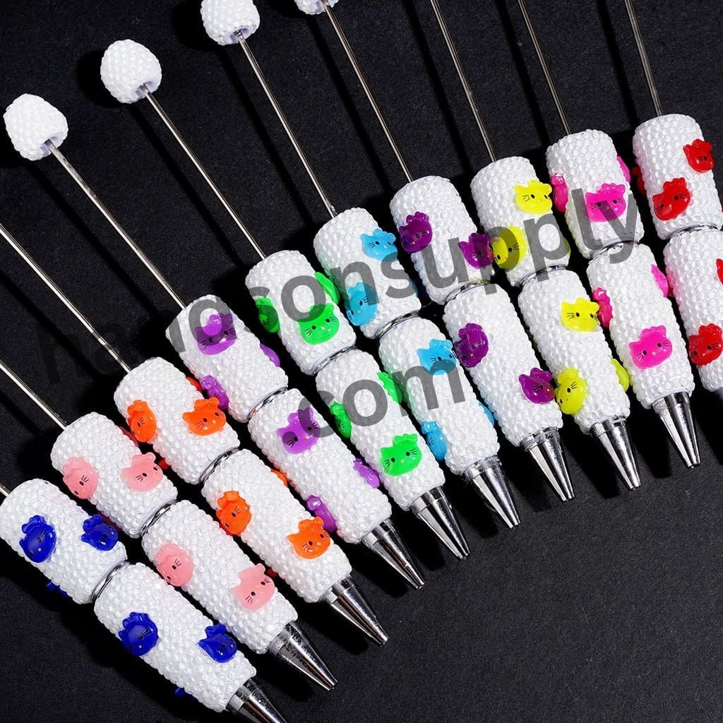 Cute Cat Character Face Beadable Clay Pen Neon Colors, White Background, Various Colors Random Mix