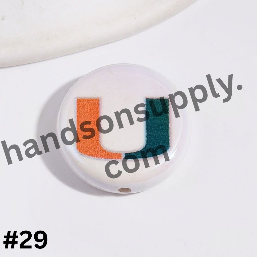 UV-Coated American College Sports Football Team Logo Series Flat Round Acrylic Beads, 23MM
