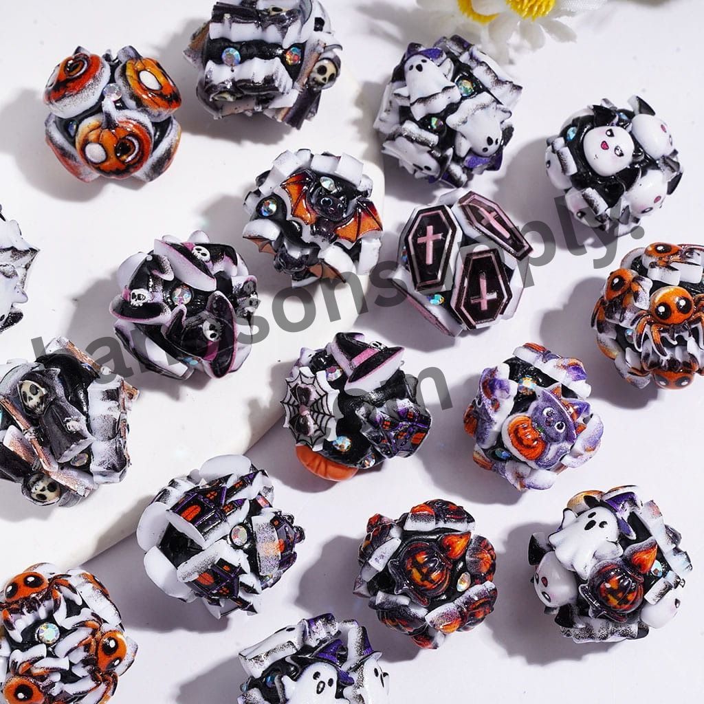 Halloween Horror Theme Clay Beads with Ghost, Pumpkin, Bat & Coffin Charms, 20MM, Multi Designs Random Mix