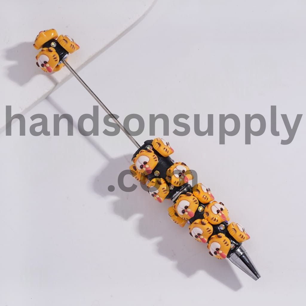 Yellow Lazy Cat Head Character with AB Rhinestones Beadable Clay Pens