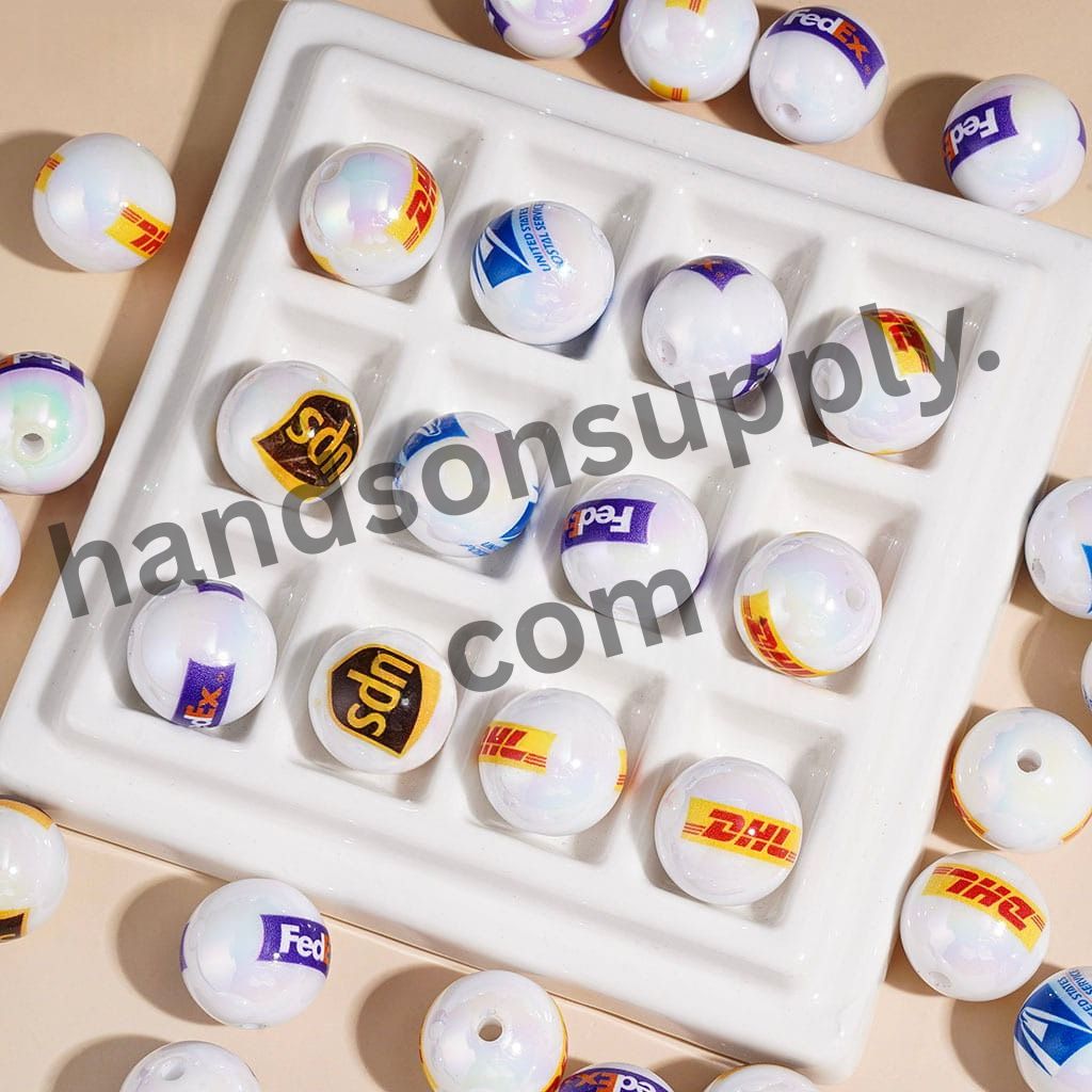UV Coated Shipping Logistics & Express Logo Printed Round Acrylic Beads, 16MM, Random Mix