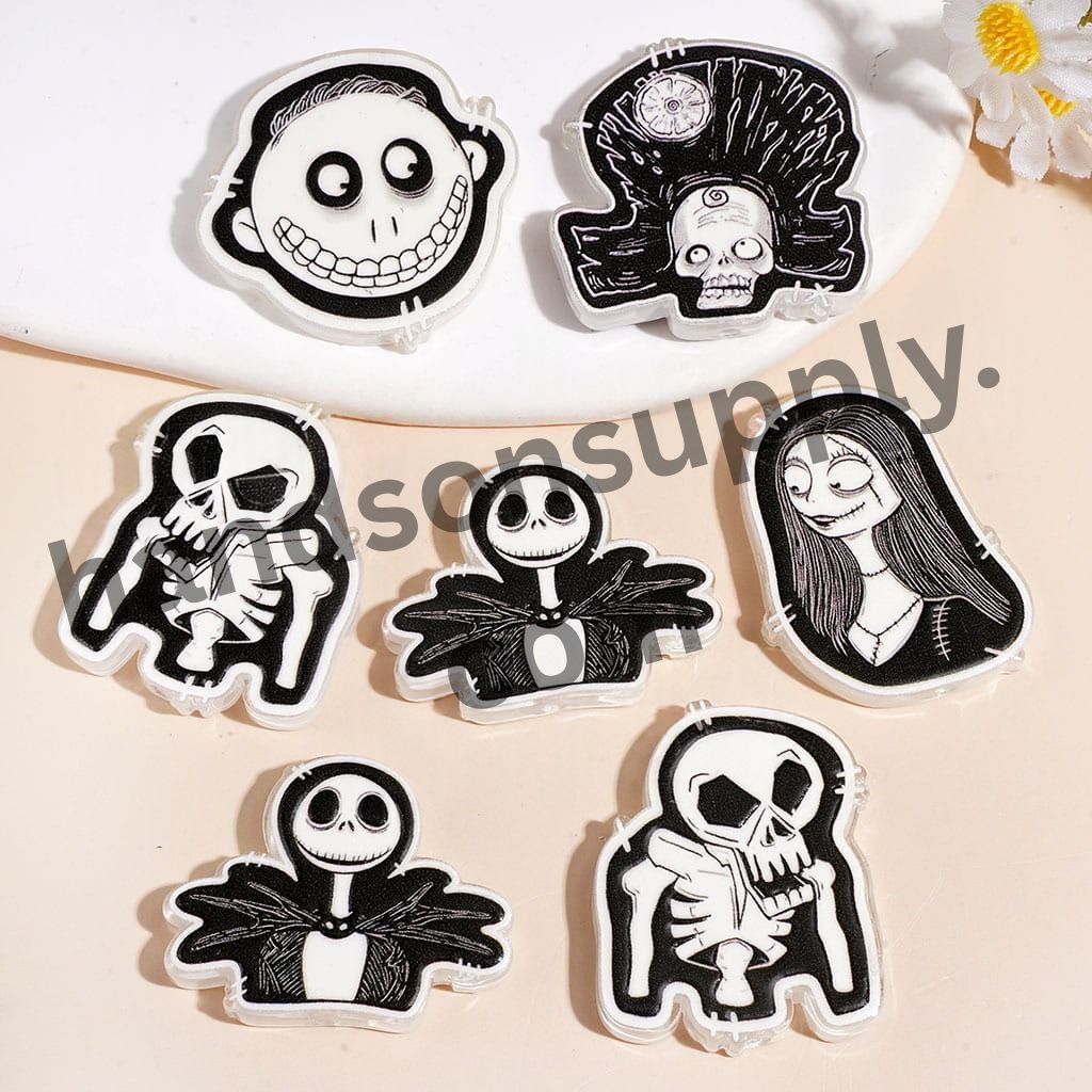 Black & White Halloween Skeleton Character Series Acrylic Beads, Assorted Designs, Random Mix