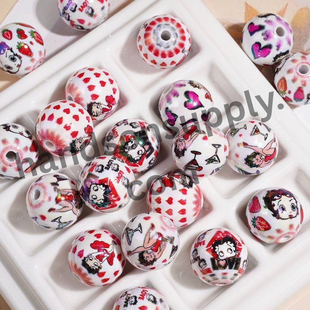 UV-Coated Cute Love & Valentine Old Girl Character Heart Strawberry in Sweet Style Print Acrylic Beads for Bracelets, 16MM, Multi-Color Random Mix
