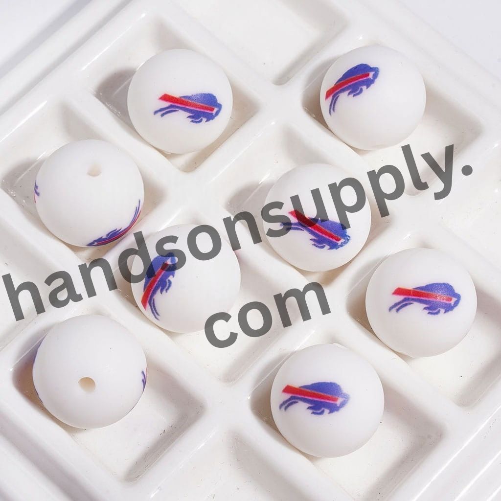 Sporty American Football Buffalo Team Logo Printed Round Silicone Beads for DIY Bracelets, 15MM
