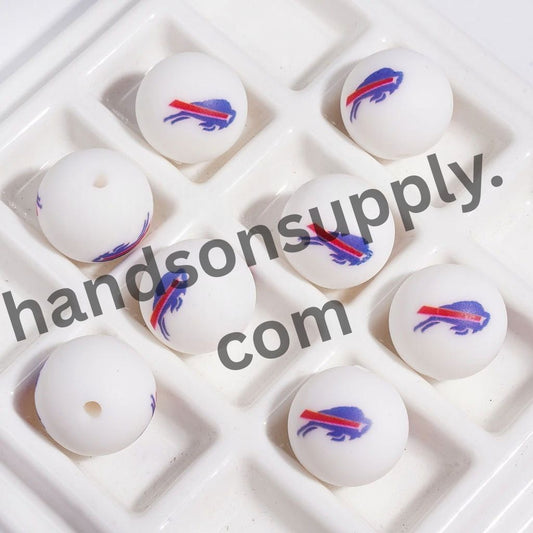 Sporty American Football Buffalo Team Logo Printed Round Silicone Beads for DIY Bracelets, 15MM