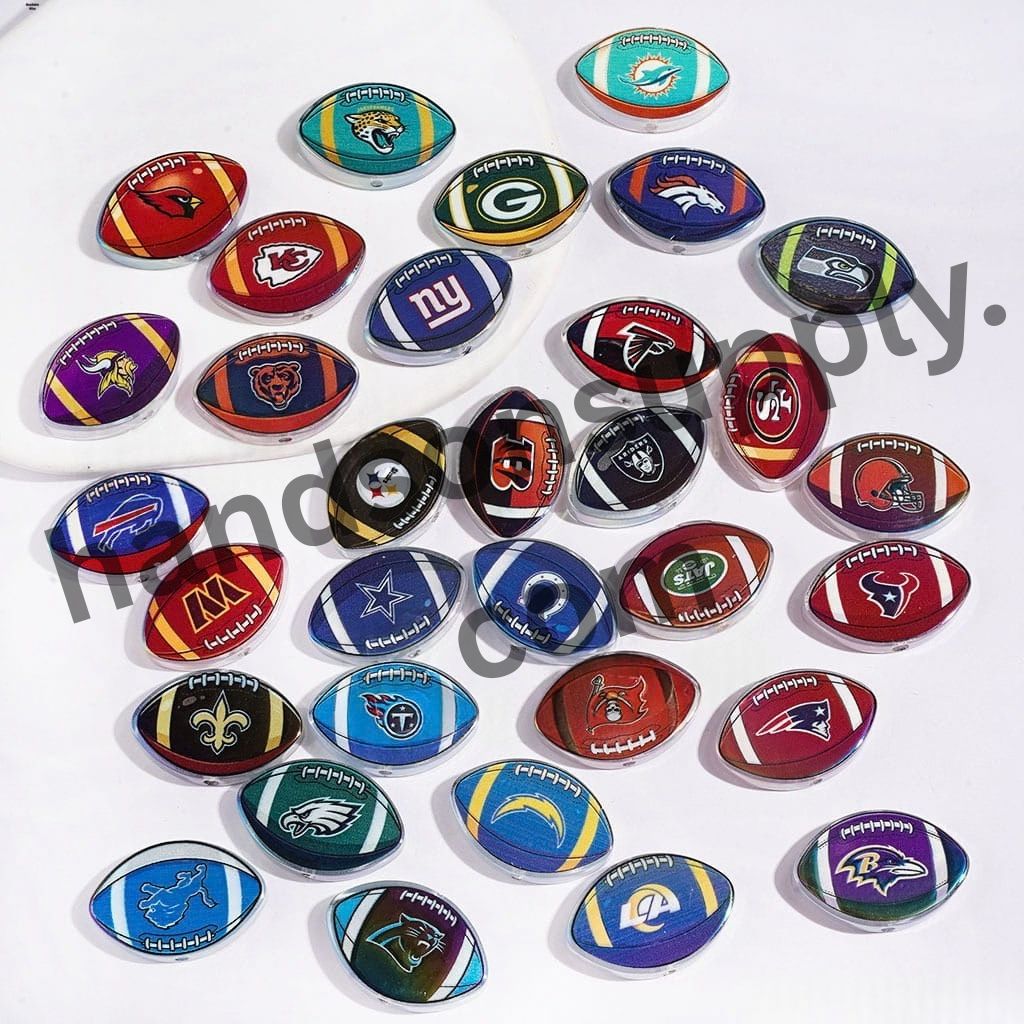 UV-Coated American Football Shape Acrylic Beads, Assorted Team Designs, 20-29MM, Random Mix