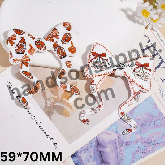 Playful USA Sports Football, Baseball & Cherry Long Ribbon Bowtie Silicone Focal Beads, 59*70MM, Random Mix