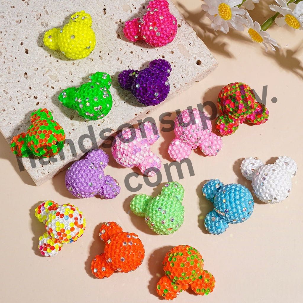 Cute Mouse Head Design with Rhinestone Clay Beads, 22×24MM, Assorted Colors, Random Mix
