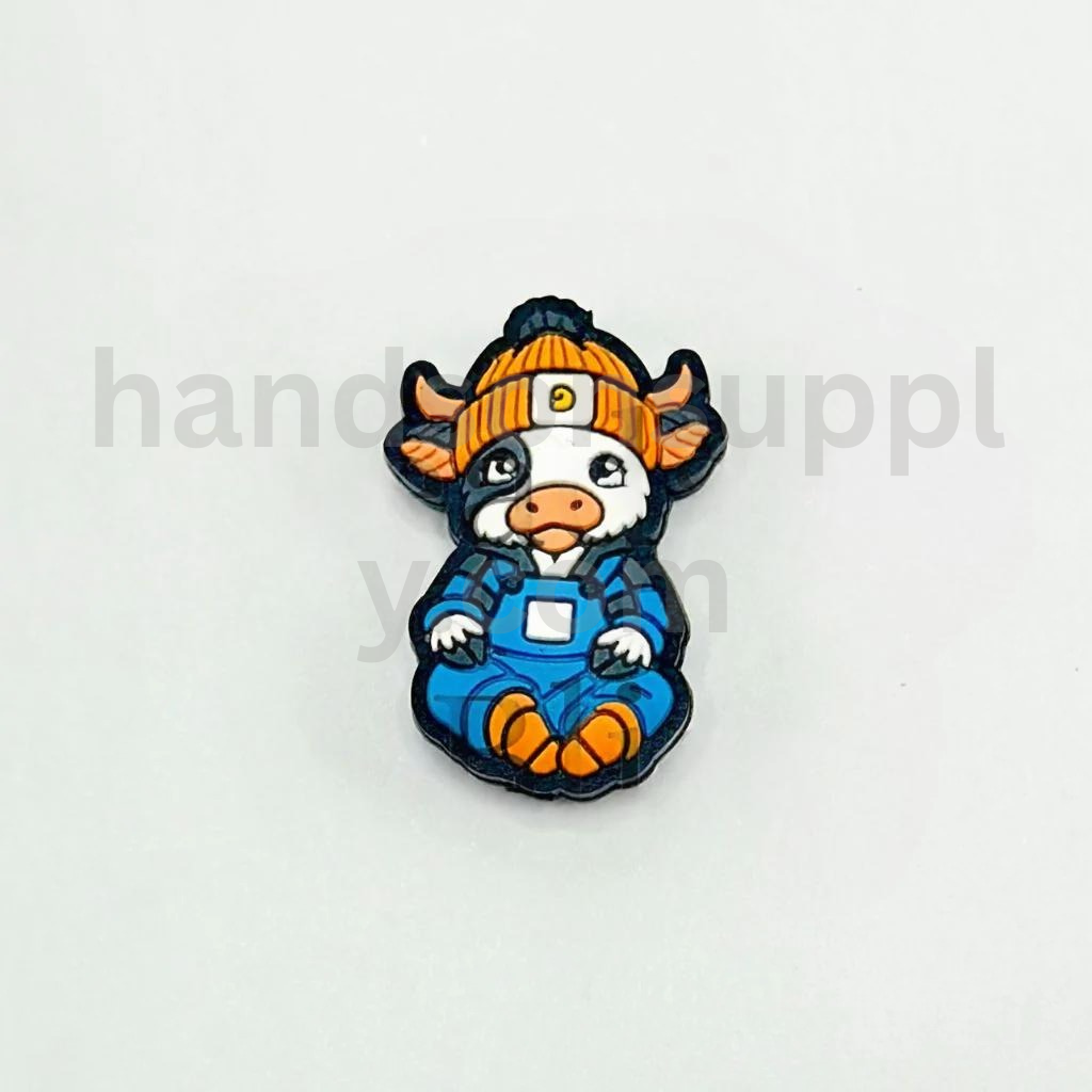 Baby Cow Girl in Overalls with Orange Hat Design Silicone Focal Beads