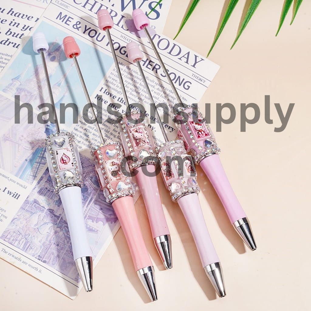Cute Cat Character Poker-Themed Playing Card Design Beadable Pens with Clear Rhinestone Chains & Heart Crystals, Multi-Color