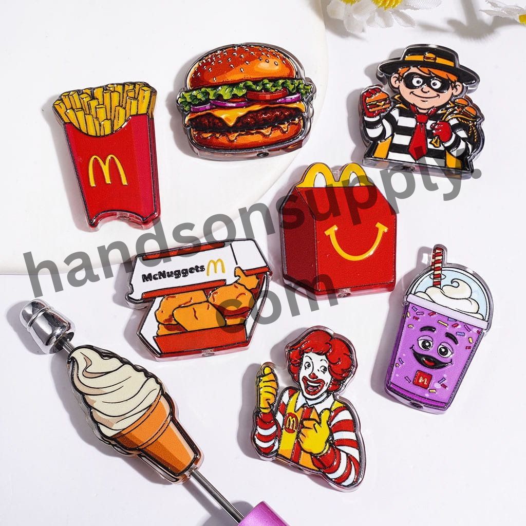 Hamburger, Soda Drink Cup, French Fries, Chicken Nuggets, Ice Cream, Clown & Fast Food Theme Acrylic Beads, Assorted Designs, Random Mix