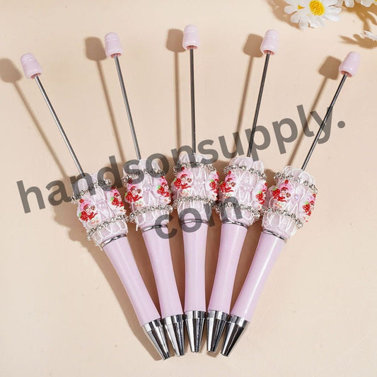 UV Coated Sheer Fabric Berry Girl Handcrafted Beadable Pen with Clear Rhinestone Chains & Half-Shell Pearls