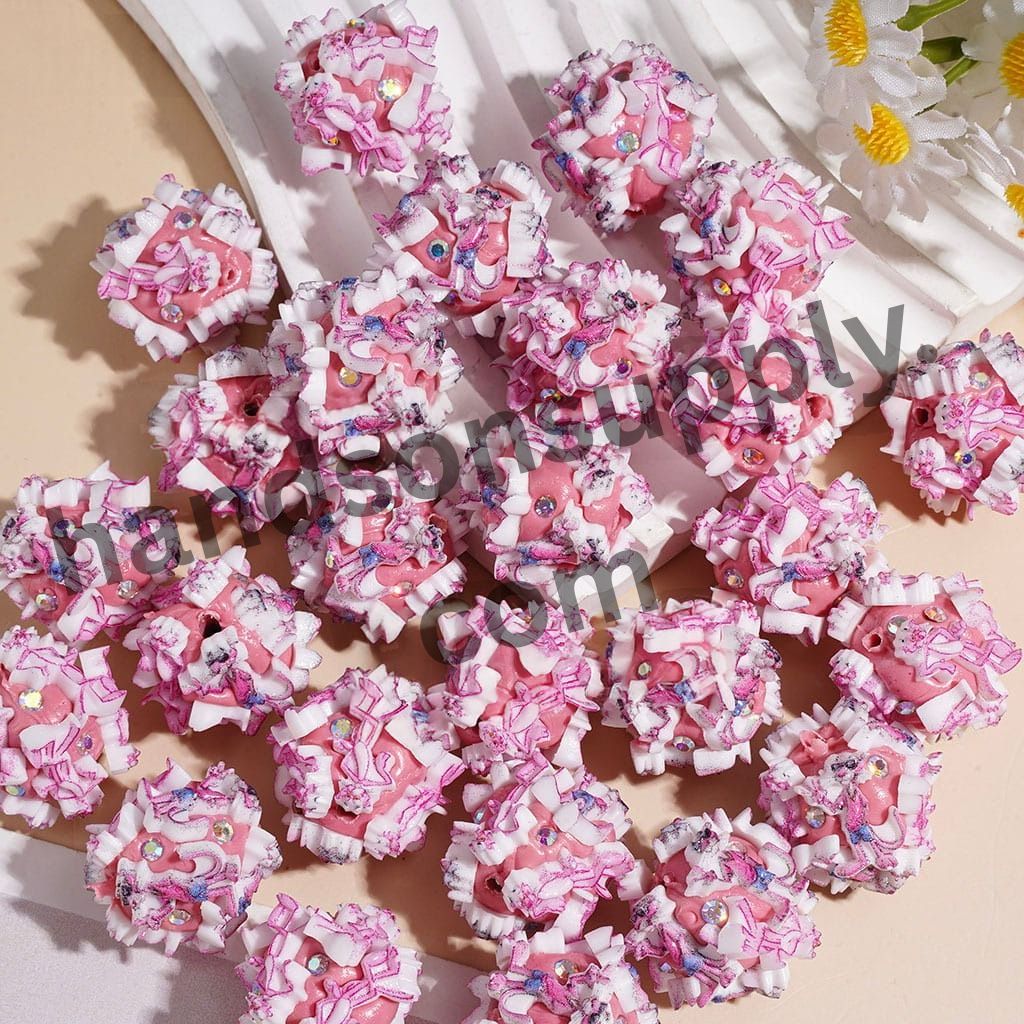 Pink & White Leopard Series Clay Beads with AB Rhinestone Details, 20MM, Multi-Color Random Mix