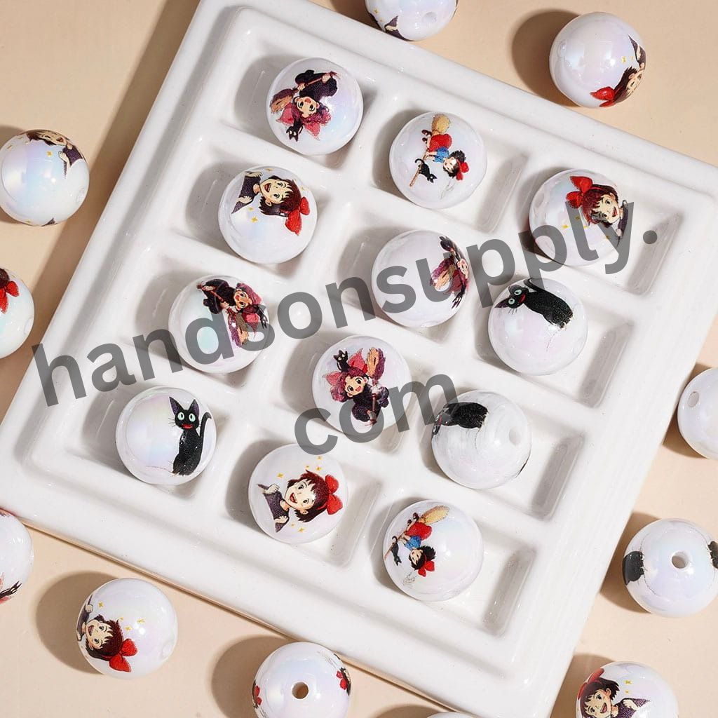 UV Coated Magical Girl & Black Cat Character Printed Round Acrylic Beads for Bracelets, 16MM, Assorted Designs, Random Mix