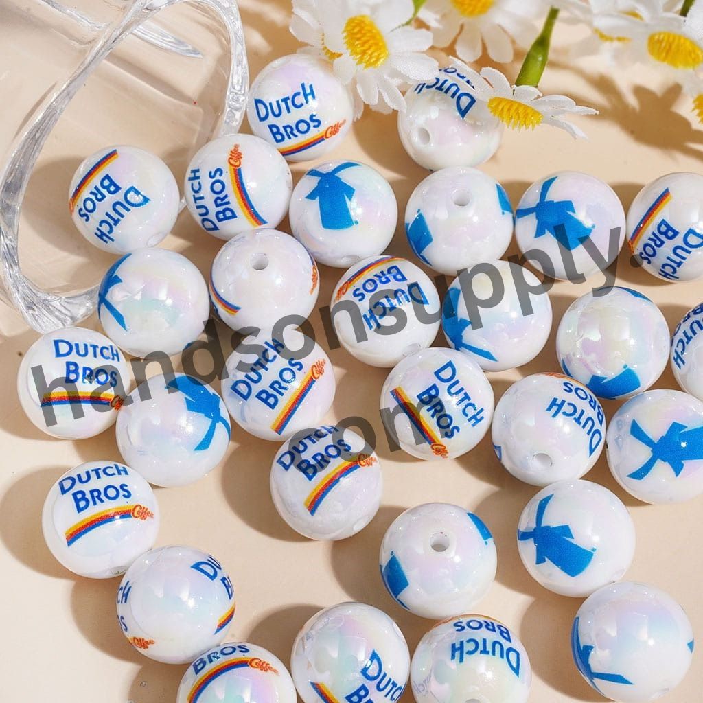 UV Coated Dutch Bros Coffee Logo & Text Printed Round Acrylic Beads for Bracelets, 16MM, Random Mix