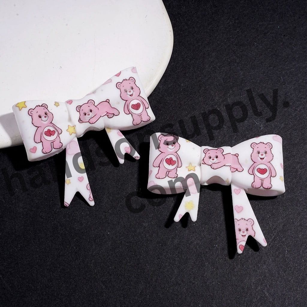 UV-Printed Cute Pink Bear, Red Heart & Star Pattern Bowtie Shaped Silicone Focal Beads, 53*59MM, Random Mix