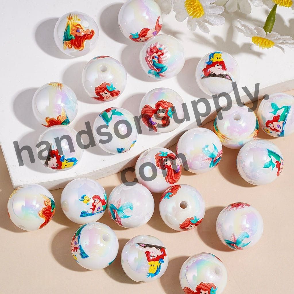 UV-Coated White Pearl Red-Hair Mermaid Princess Cartoon Character Print Round Acrylic Beads for Bracelets, 16MM, Random Mix