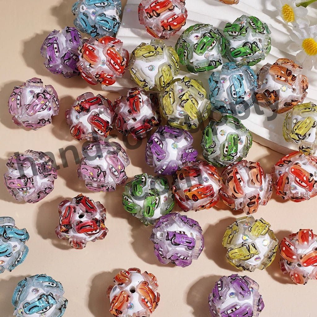 Cartoon Racing Sports Car Round Clay Beads with AB Rhinestones, 20MM, Random Mix