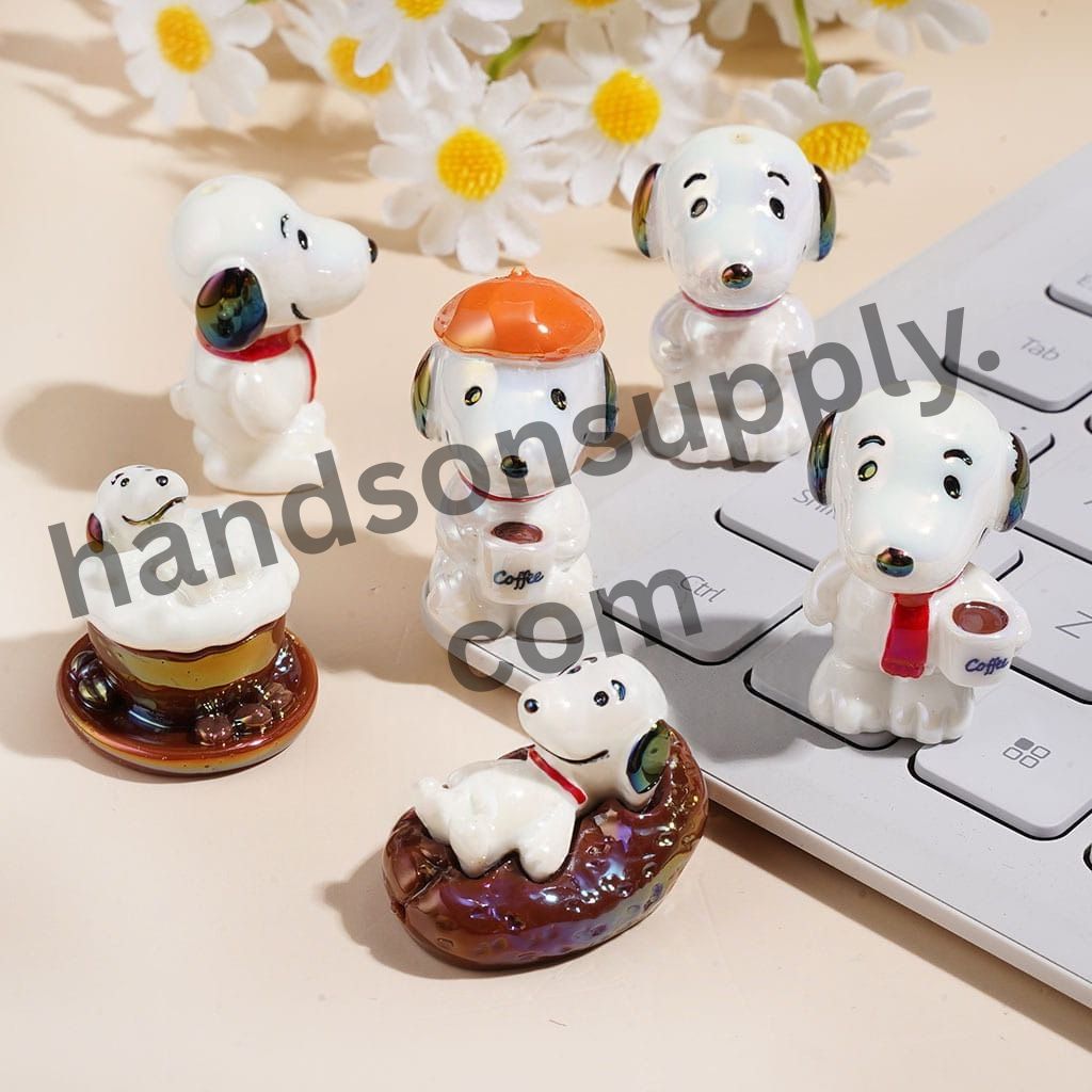 Cute Beagle Dog Coffee & Donut Theme Printed Acrylic Beads, Assorted Shapes, Random Mix