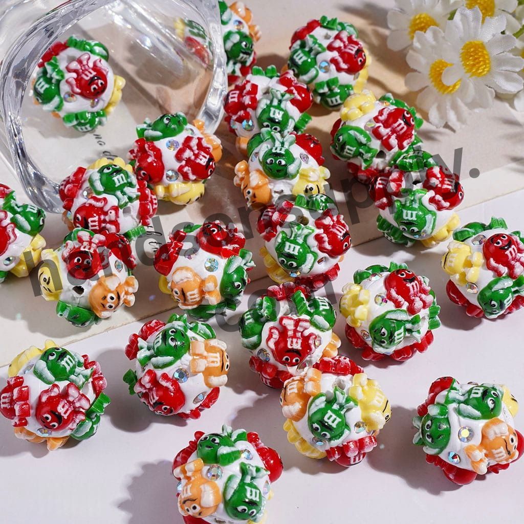 Cute Christmas Red, Green, Yellow & Orange Chocolate Candy Characters Series Clay Beads with AB Rhinestones, 19MM