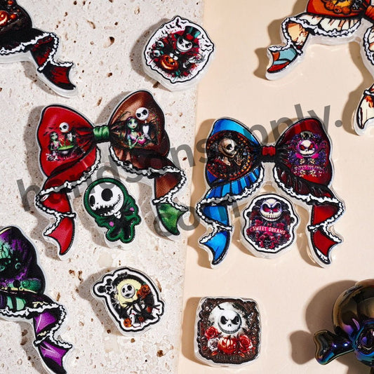 Halloween Skeleton Character Series with Decorative Bow Acrylic Pendant & Hanging Ornament, 50*45MM, Random Mix (Please Read Description)