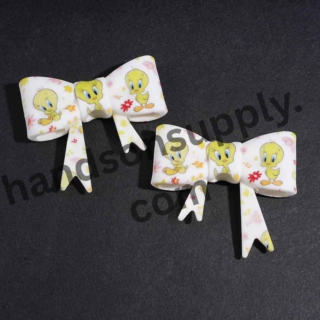UV-Printed Cheerful Yellow Bird & Flower Design Soft White Bowtie Shape Silicone Focal Beads, 53*59MM