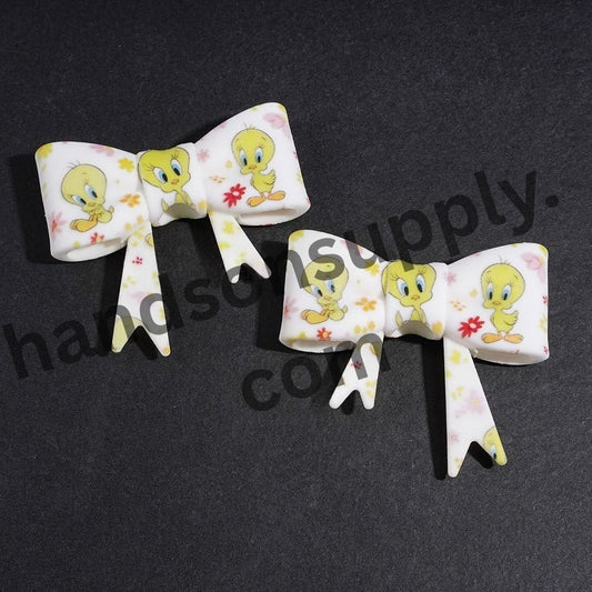 UV-Printed Cheerful Yellow Bird & Flower Design Soft White Bowtie Shape Silicone Focal Beads, 53*59MM