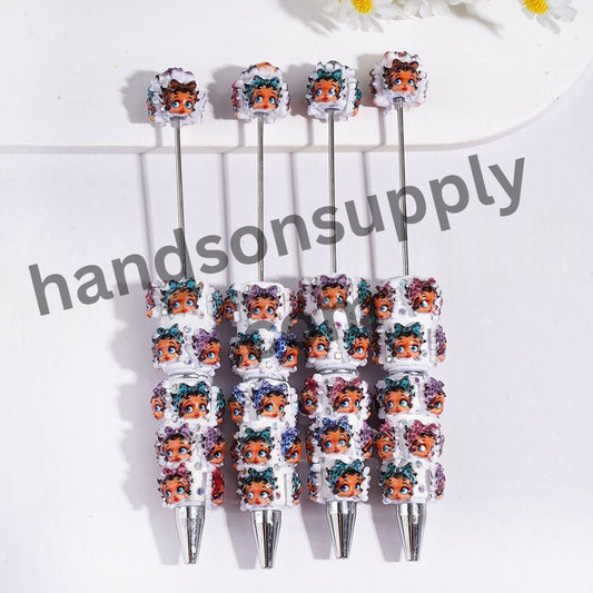 Leopard-Patterned Hairband Cute Vintage Old Girl Character on Flat Round with AB Rhinestones, Beadable Clay Pens