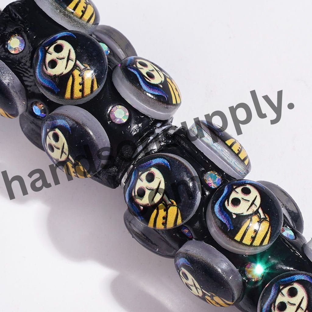 Mystical Blue-Haired Ghost Girl Design with AB Rhinestones on Black Background Beadable Clay Pen