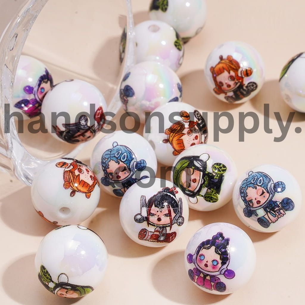 UV Coated Fashionable Baby Girl Listening to Music Prints on Round Acrylic Beads 16MM, Random Mix