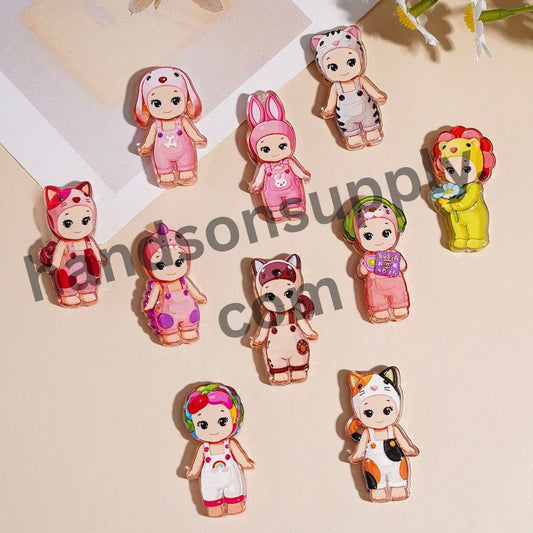Cute Baby Angel with Animal Hat & Overalls Printed Acrylic Beads, Assorted Designs, Random Mix