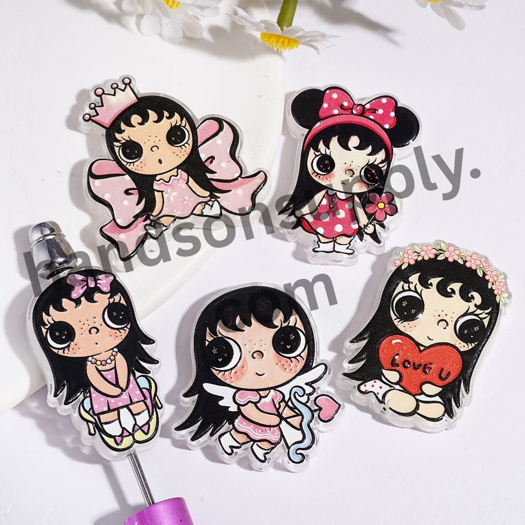 Cute Big-Eyed Girl Character Series Love, Fairy, Cupid & Mouse Theme Printed Acrylic Beads, Various Shapes, Random Mix