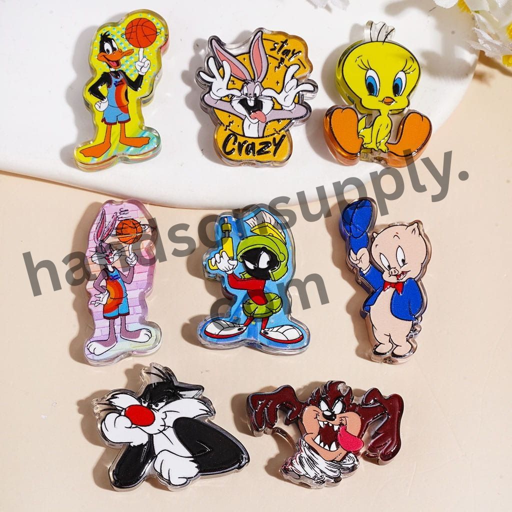 Cute Looney Bunny, Pig, Wolf & Duck Cartoon Character Series Semi-Clear Acrylic Beads, Variant Designs, Random Mix