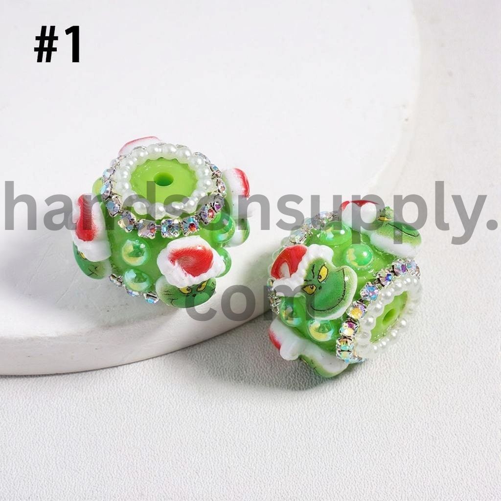 Green Monster Character Christmas Hat Green Half-Shell Pearls & AB Rhinestones Chains Acrylic Beads  22MM