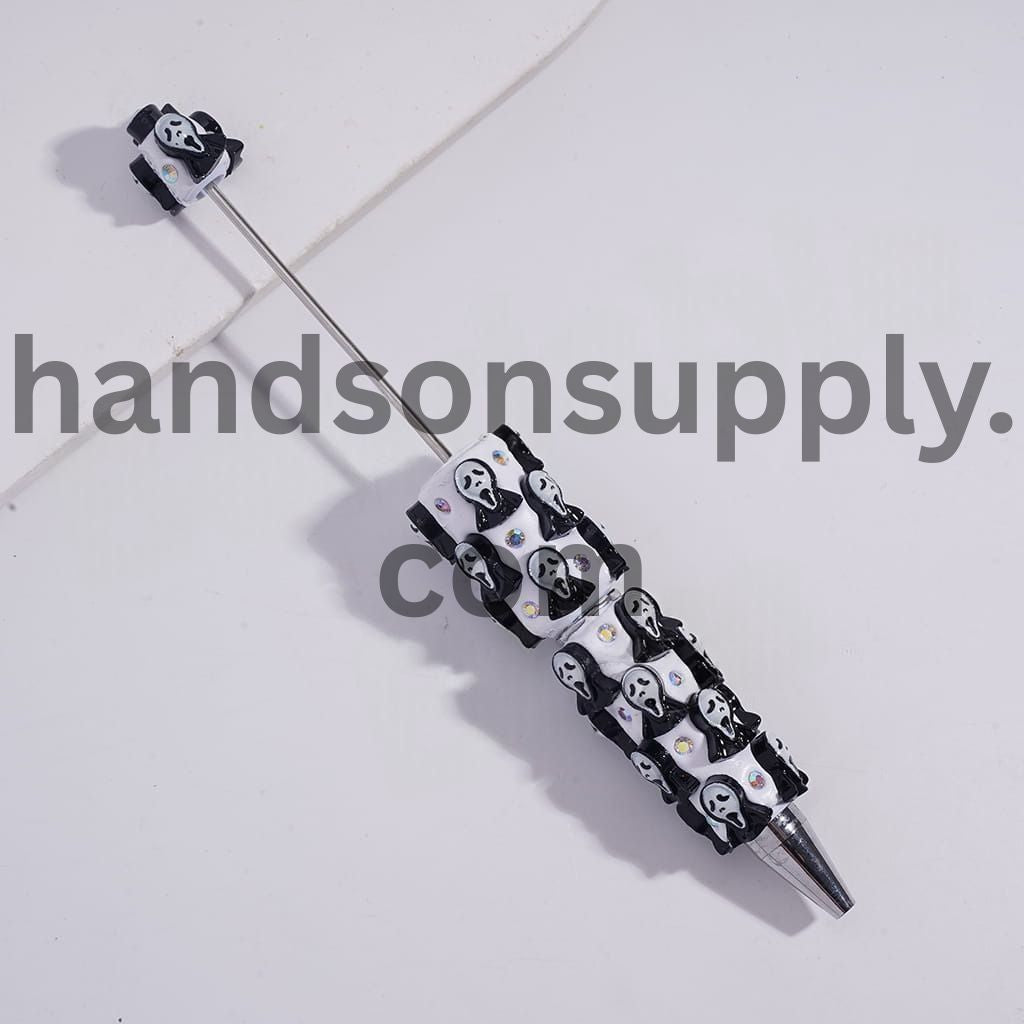 Beadable Clay Pens with Horror Mask Black & White Spooky Design with AB Rhinestones