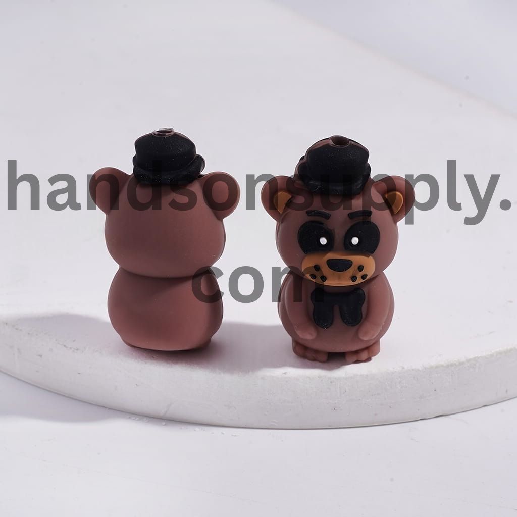 3D Classic Brown & Mysterious Yellow Bear with Black Top Hat & Bowtie Horror Adventure Game Series Silicone Focal Beads