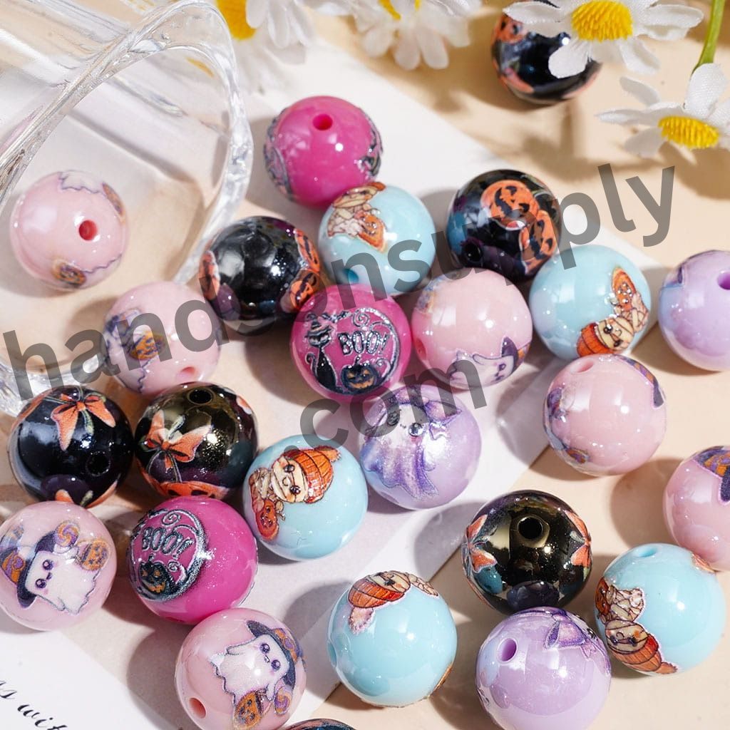Cute Ghost Pumpkin Bat Designs Halloween Theme Printed Glossy Round Acrylic Beads for Bracelets, 16MM Random Mix