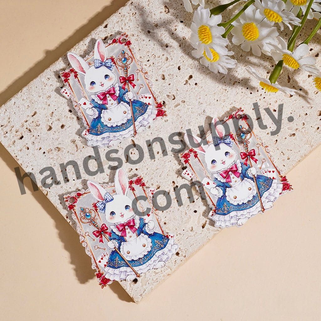 Cute Magician Rabbit Character Acrylic Pendant with Magic Staff, Poker Cards & Rose Frame, 44*36MM