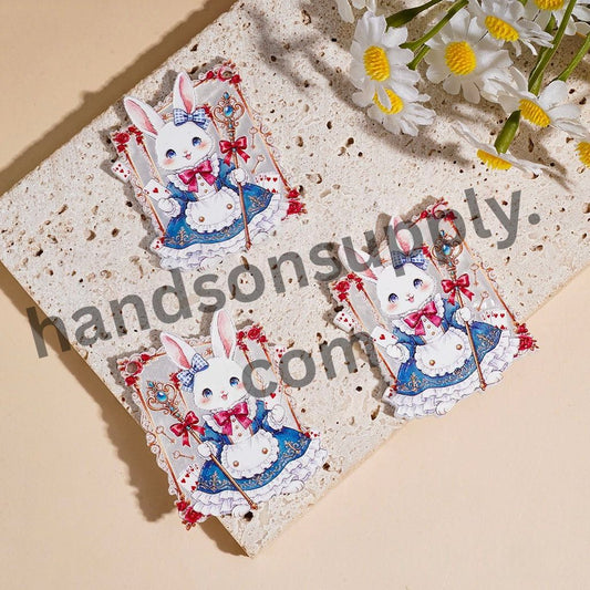 Cute Magician Rabbit Character Acrylic Pendant with Magic Staff, Poker Cards & Rose Frame, 44*36MM