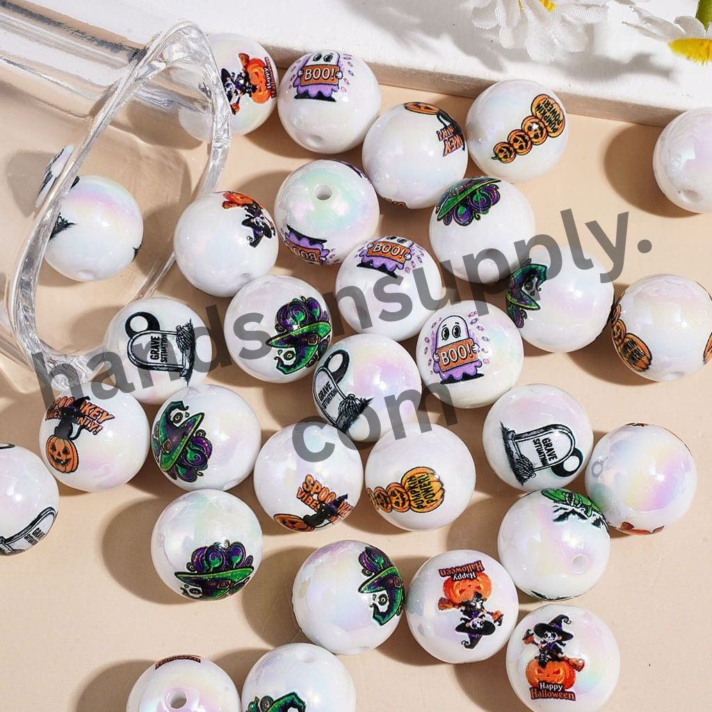 UV-Coated Cute Halloween Pumpkin, Ghost & Witch Acrylic Beads for Bracelets, 16MM, Assorted Designs, Random Mix