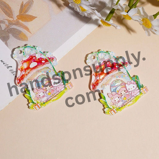 Cute Mushroom House Acrylic Pendant with Three Adorable Characters, Green Plants & Gift Box, 47*38MM